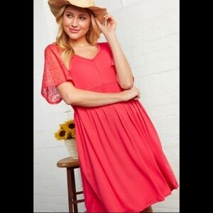 💚3xHP💚Plus Coral Crochet Lace Flutter Sleeve Babydoll Dress